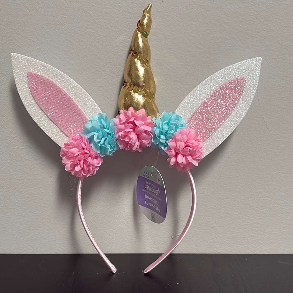 Unicorn Headband with Pink and Blue Flowers
